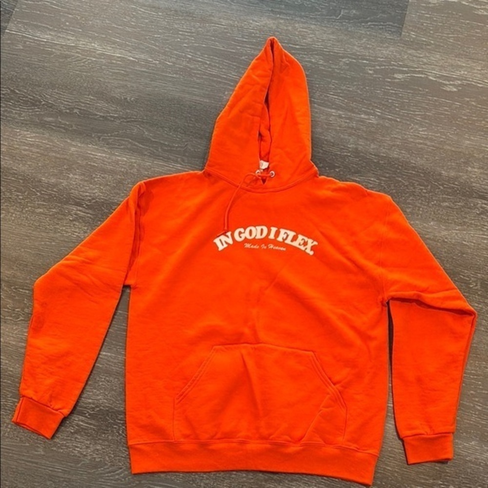 Orange Hoodie with 'In God I Flex' Print